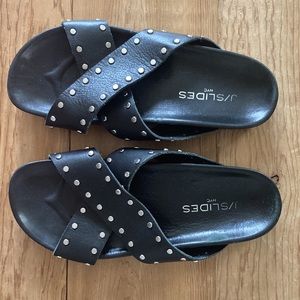 J Slides Black Leather  Studded Sandals Size 7
